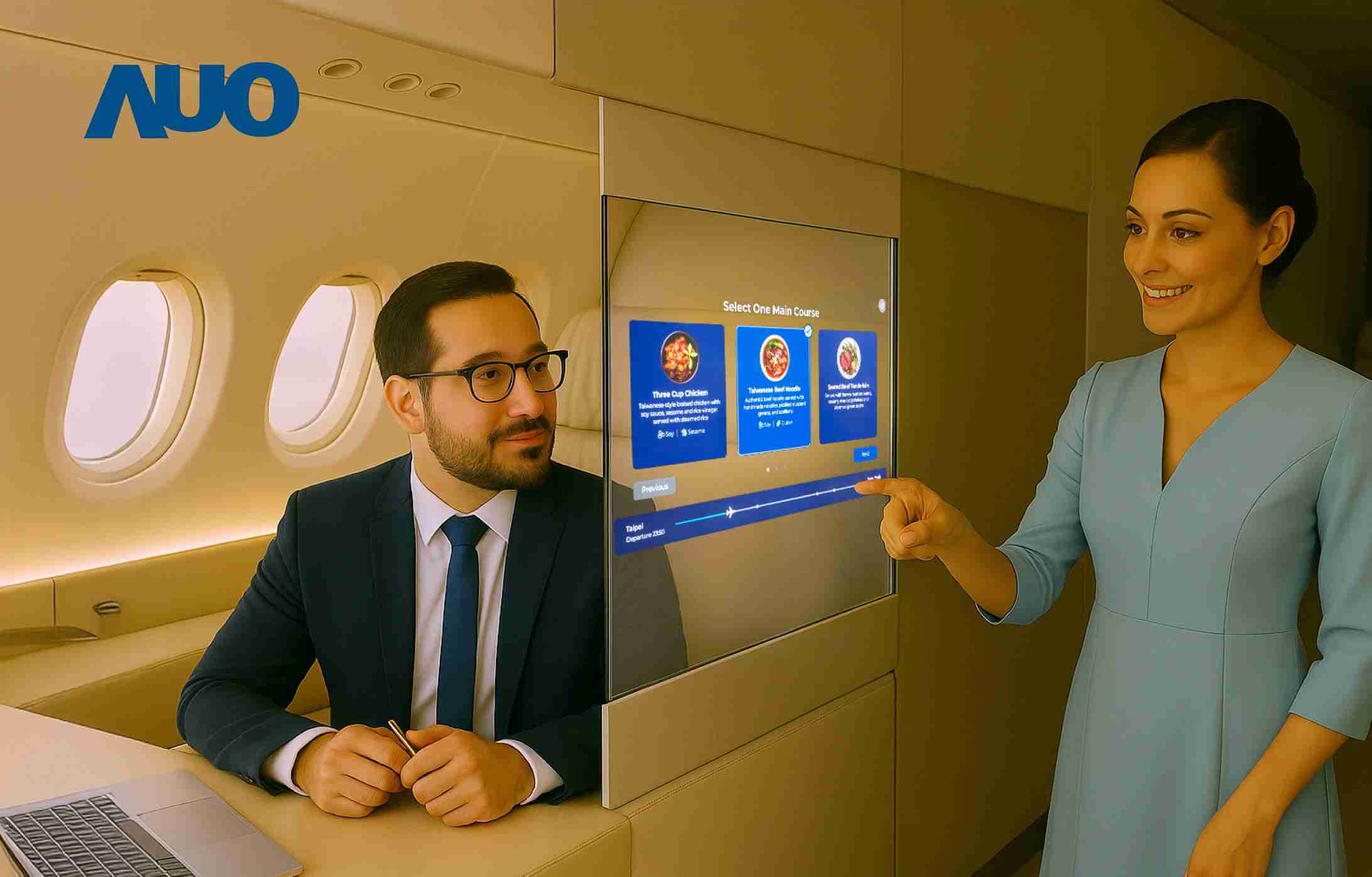 云顶国际8588yd研发全球最薄17.3 吋双面透明 Micro LED 显示器，，，，可在同一屏幕之双边投射不同信息，，，创造独特的”透明化”互动；图为实时翻译交流应用情境